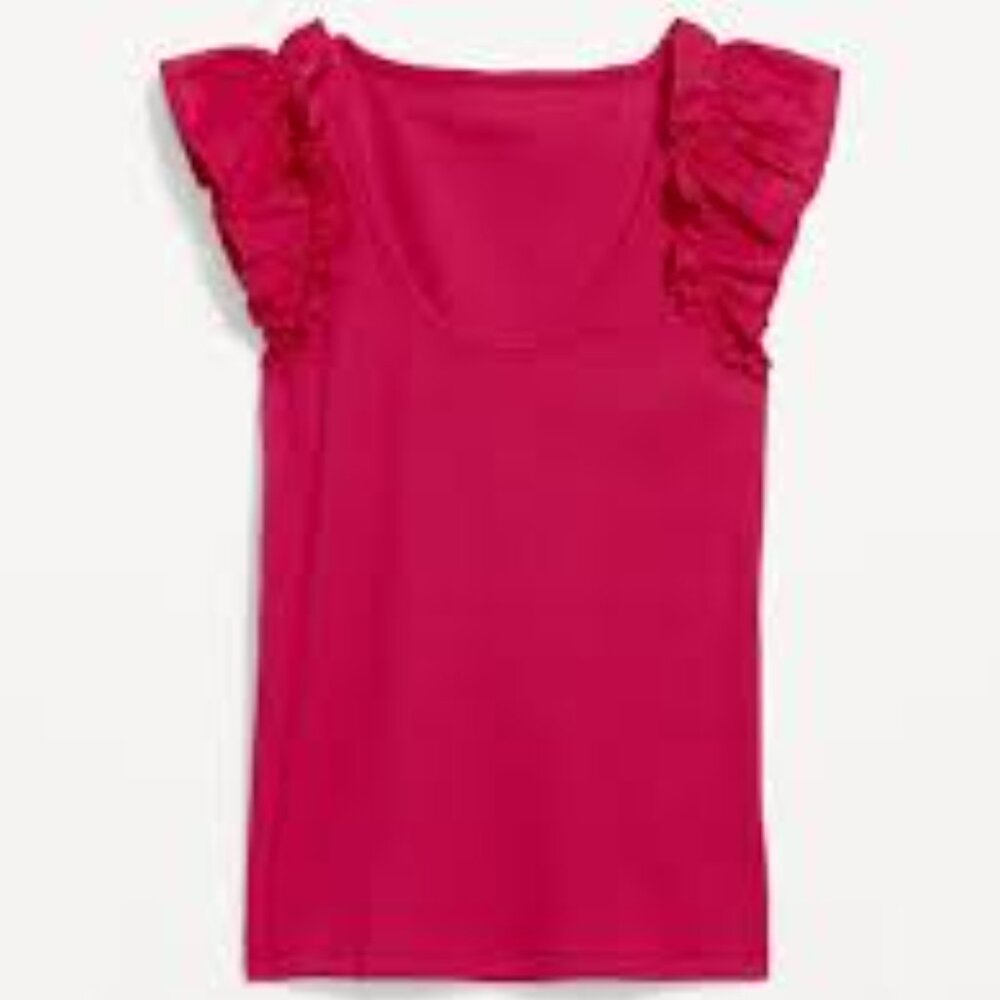 NWOT Ruffled Mixed Fabric Hot Pink Tank Top M